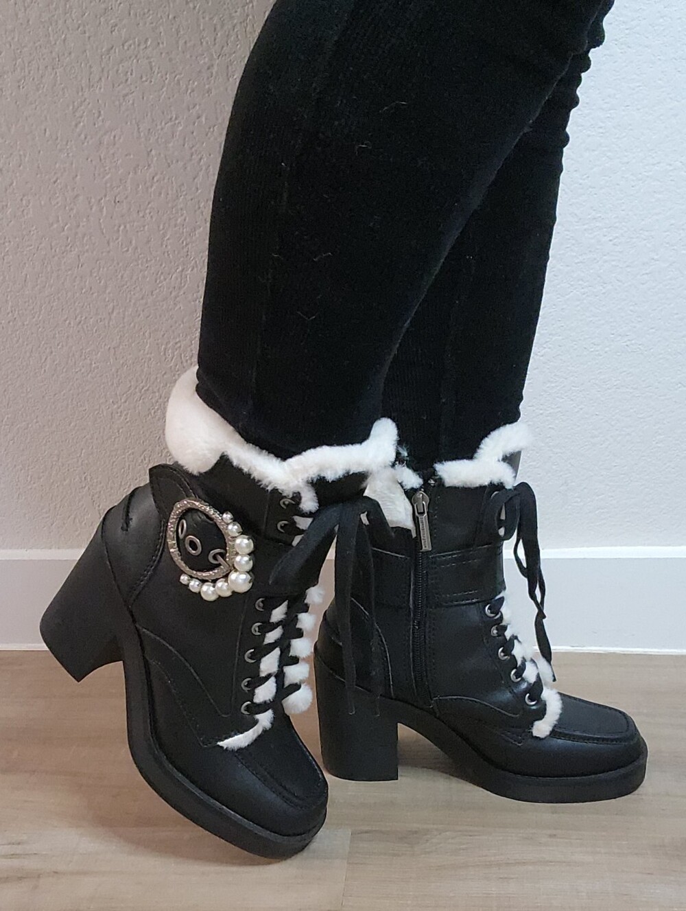 New Karl Lagerfeld "Dottie" Black Leather Combat-Style Boots Size 6.5M NWOT